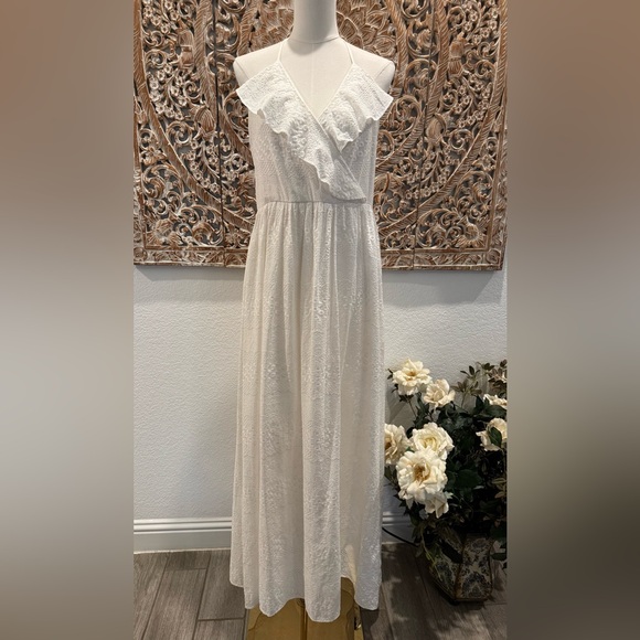 Betsey Johnson White Halter Eyelet Dress Flutter Neckline, Bridal, Wedding, Boho - Picture 2 of 16